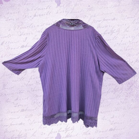 Roaman's Crochet Trim Pointelle Purple Cardigan - XL - Picture 2 of 8